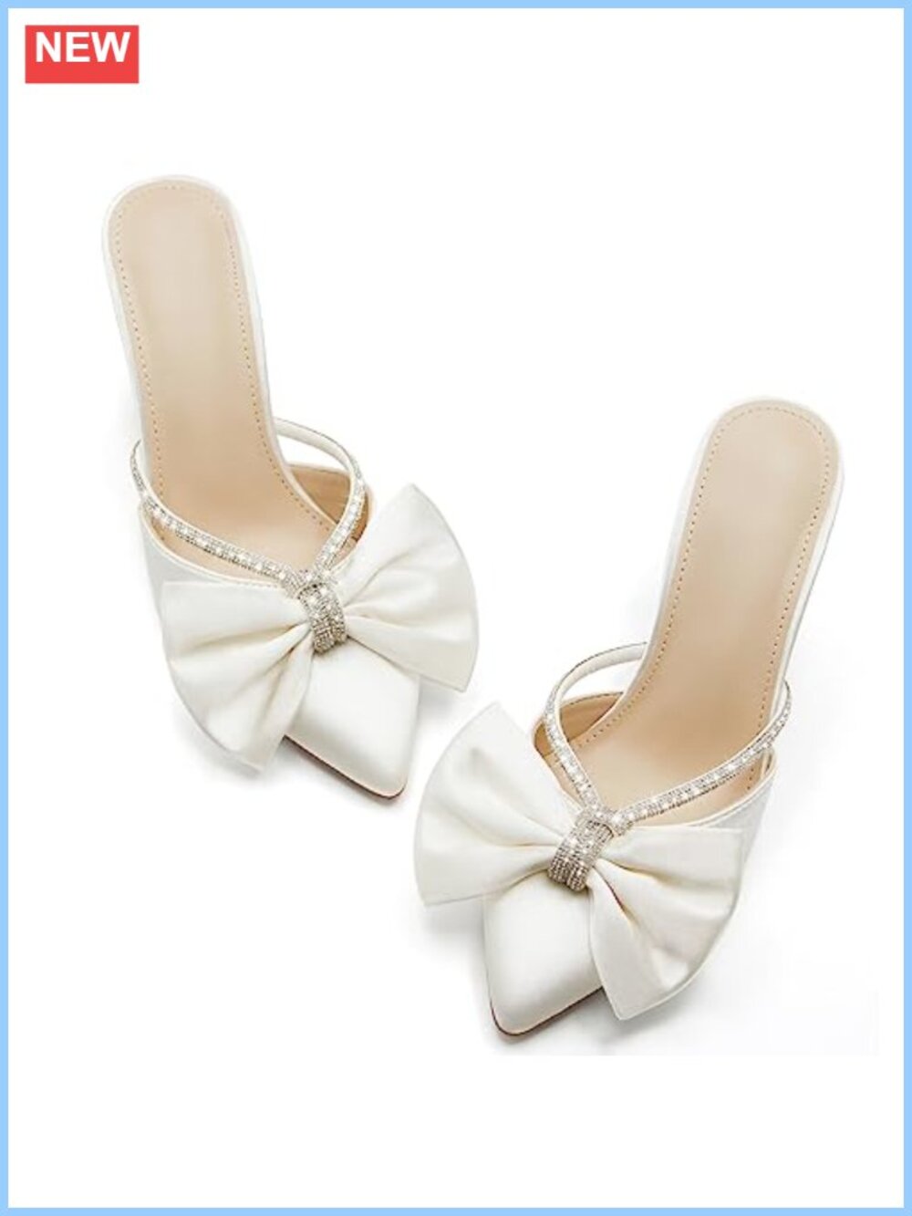 Womens Bow Mules Pointed Closed Toe Rhinestone Satin Backless Wedding Heels